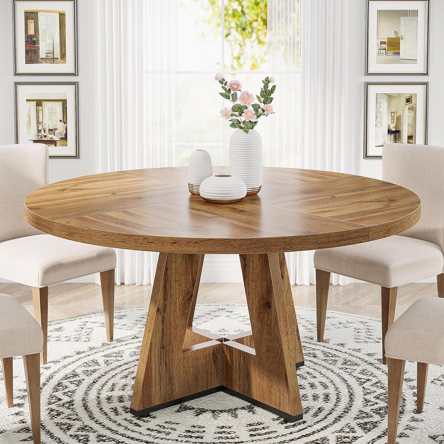 Tribesigns Round Dining Table Wood Kitchen Table for Dining Room, 47 in Dinning Room Tables for 4 Man, Farmhouse Dinner Table with Wooden Tabletop and Cross Base, Black