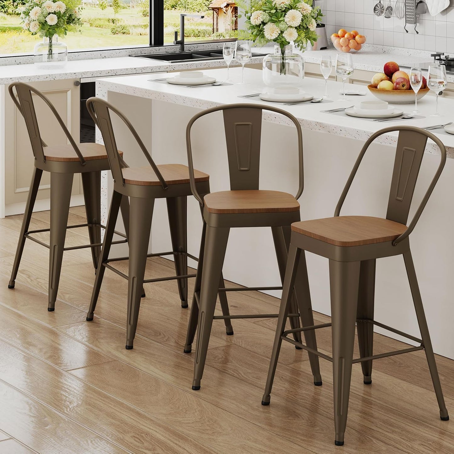 Andeworld Metal Bar Stools Set of 4, 24 inch Counter Height Barstools with Backs Farmhouse Modern High Back Bar Stools with Larger Seat Kitchen Dining Bar Chairs,Matte Black