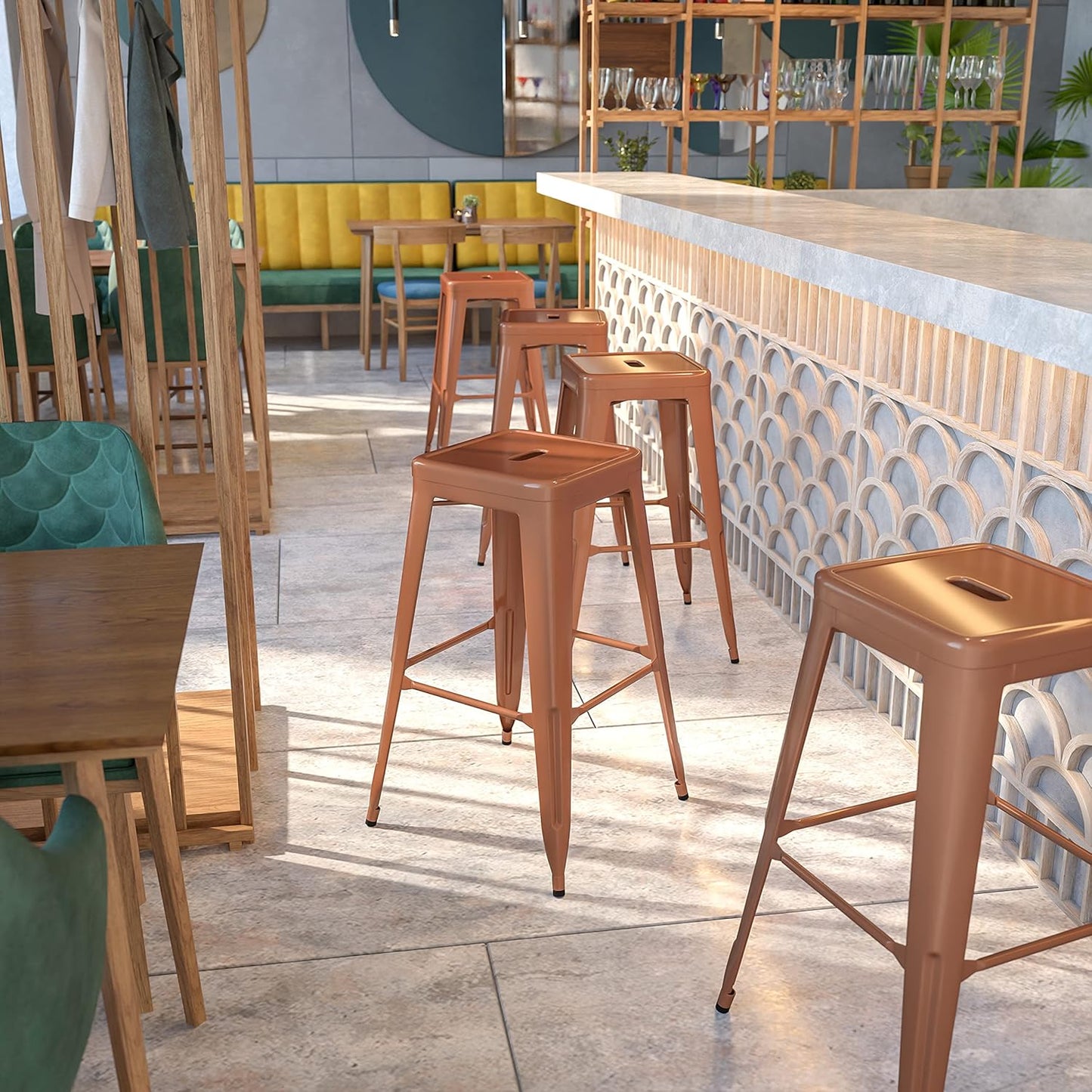 EMMA + OLIVER Commercial Grade 30" H Backless White Metal Indoor-Outdoor Barstool, Square