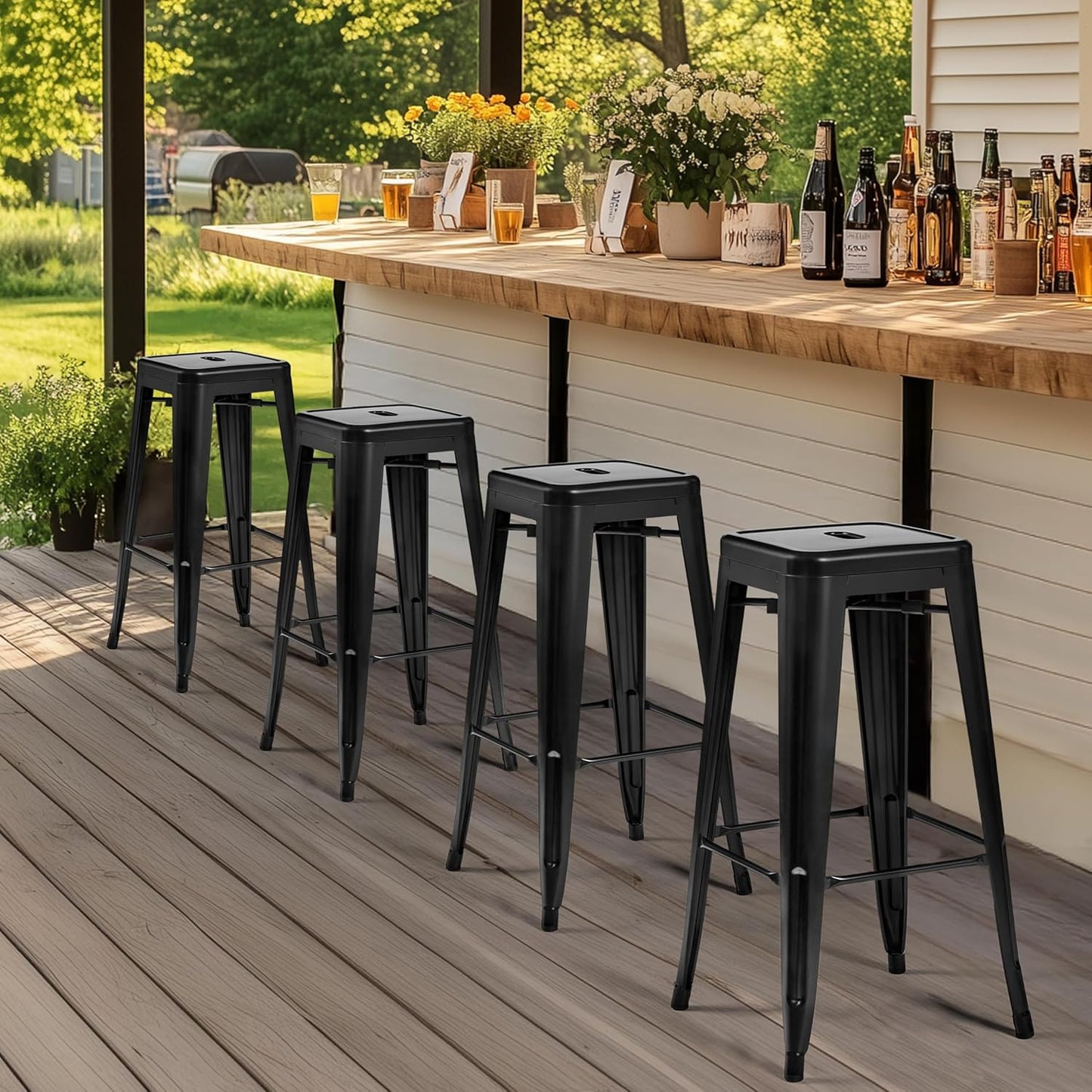 Yaheetech 30 Inches Metal Bar Stools, Set of 4 Bar Height Backless Bartools, Indoor/Outdoor Stackable Kitchen Dining Chair, High Patio Furniture, Black