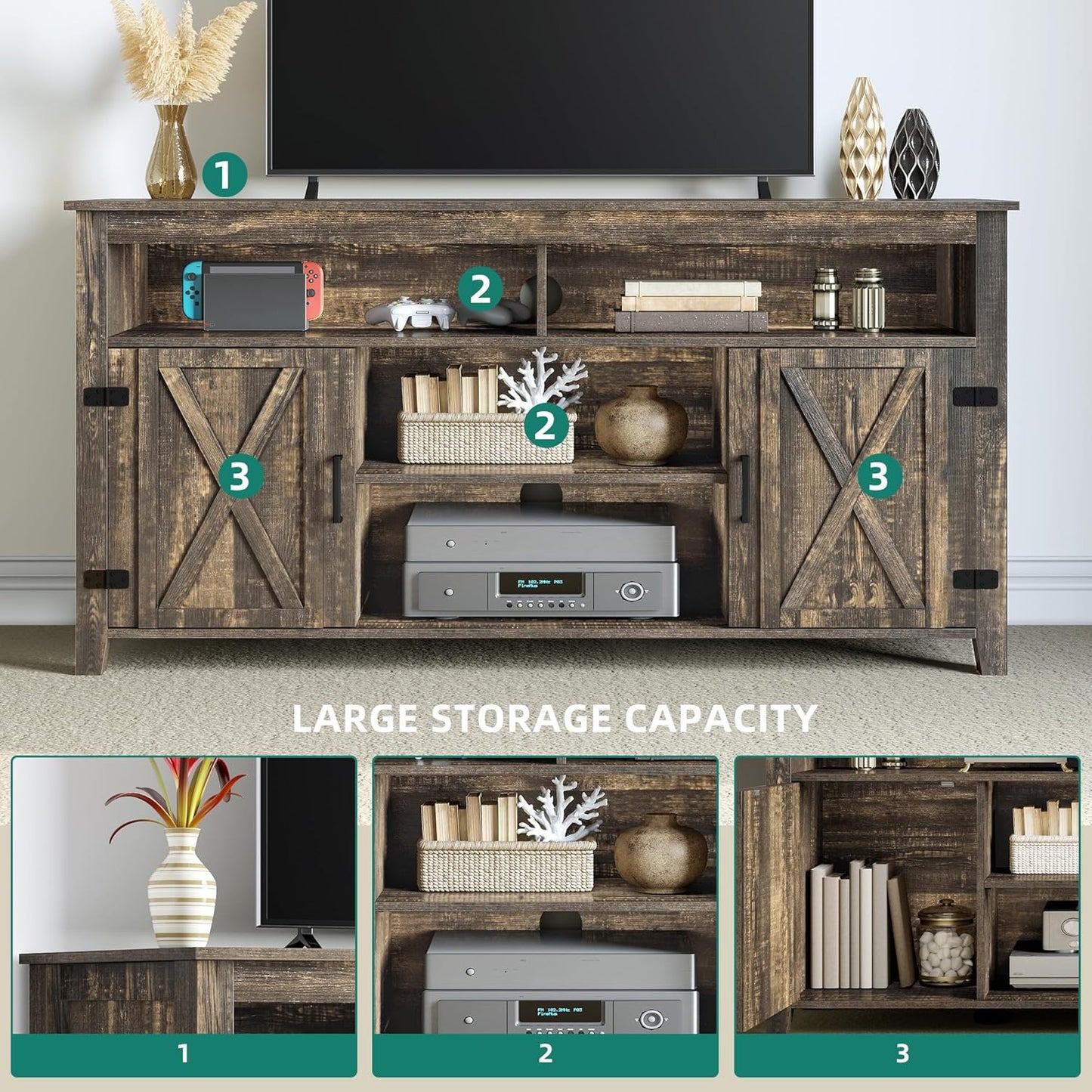 DWVO TV Stands for Living Room, Farmhouse Entertainment Center for 65 Inch TV, Rustic TV Console with Storage and Barn Door, Console Table Media Television Stands, 59 Inches, Light Rustic Oak