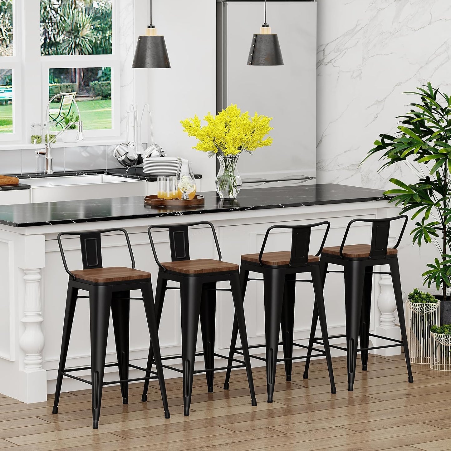Yongchuang 24" Metal Barstools Set of 4 Counter Bar Stools with Wood Top Low Back Matte Black