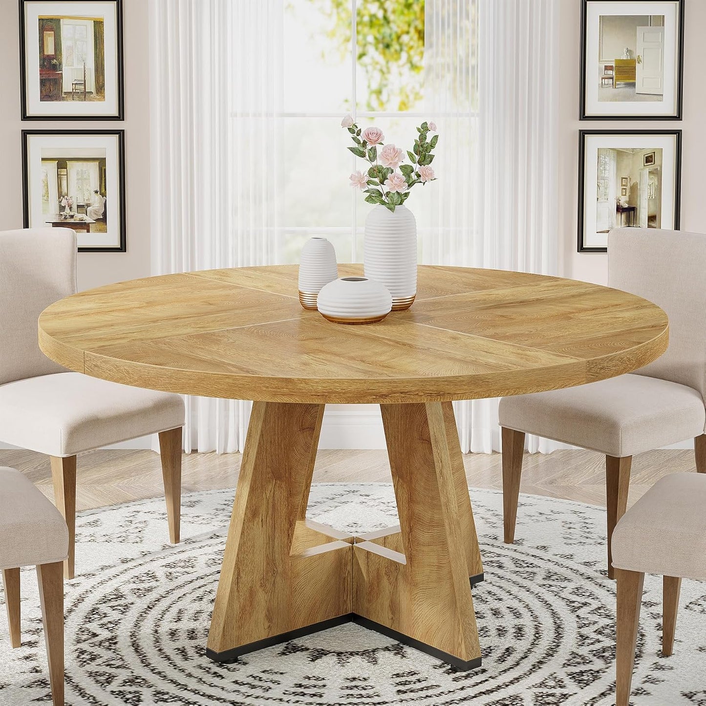 Tribesigns Round Dining Table Wood Kitchen Table for Dining Room, 47 in Dinning Room Tables for 4 Man, Farmhouse Dinner Table with Wooden Tabletop and Cross Base, Black