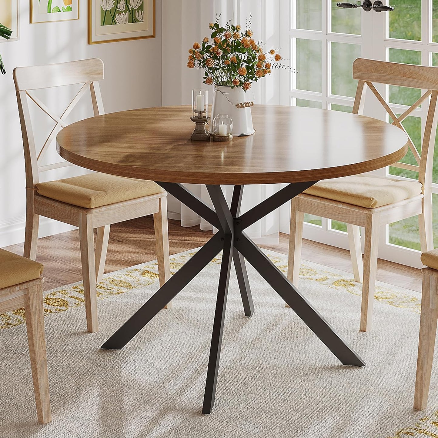 ChooChoo 47.2 Inch Round Dining Table for 4, Farmhouse Wood Kitchen Table, Circle Dinner Table for Kitchen & Dining Room, Black