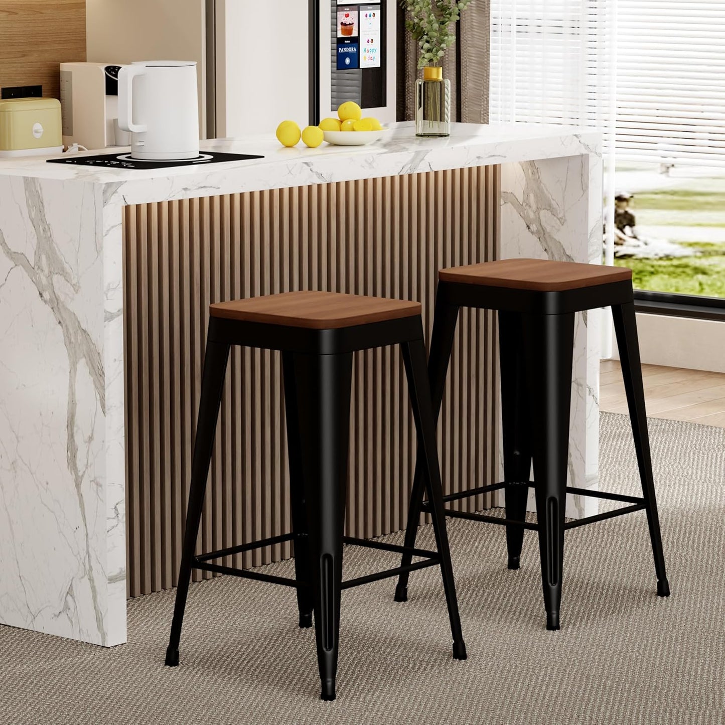 Barstools Set of 4 White Metal Bar Stools Industrial Modern Bar Chairs with Wood Top for Kitchen Island Counter Height Cafe Resturant Stools (Black Without Back, 26 inch Counter Height)