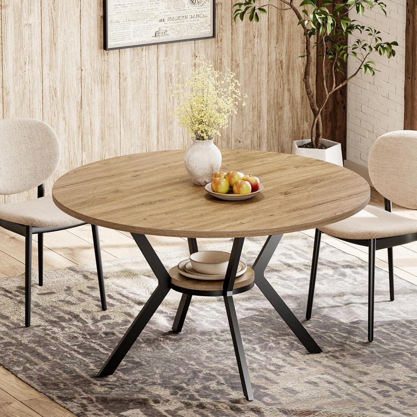 42" Round Dining Table for 4, Farmhouse Kitchen Table with Storage, Space Saving Circle Dinner Table, Rustic Wood Kitchen & Dining Room Tables with Metal Legs for Kitchen, Living Room, Dining Room