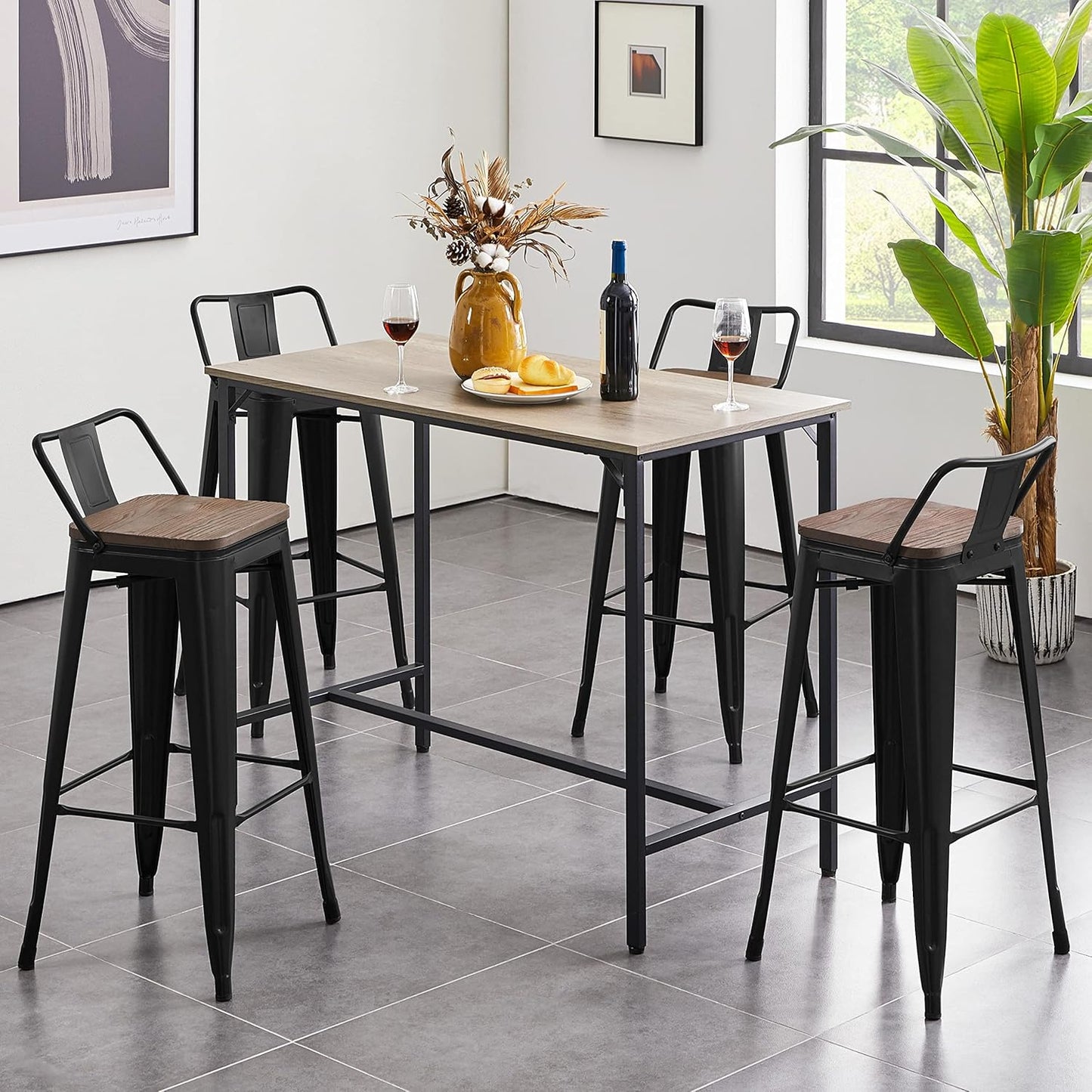 Yaheetech 30" Metal Barstools Set of 4 Bar Height Bar Stools with Wooden Top Low Back Industrial Bar Stools Metal Stool for Indoor-Outdoor Counter Stools with Wooden Seat Matte Black