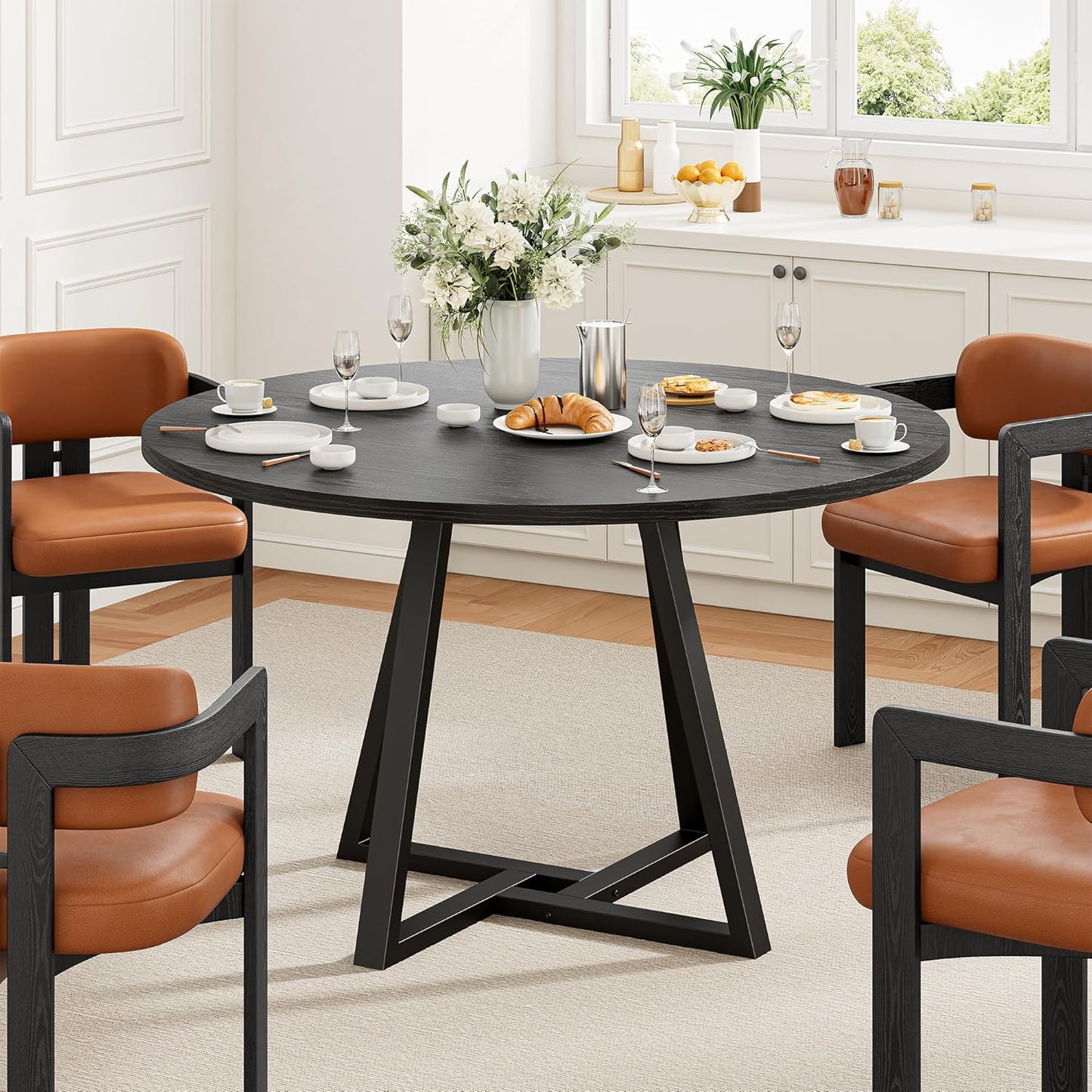 IRONCK 51" Round Dining Table for 6, Wood Kitchen Table with Metal Base, Space Saving Industrial Circle Dinner Table for Kitchen Dining Room, Gray