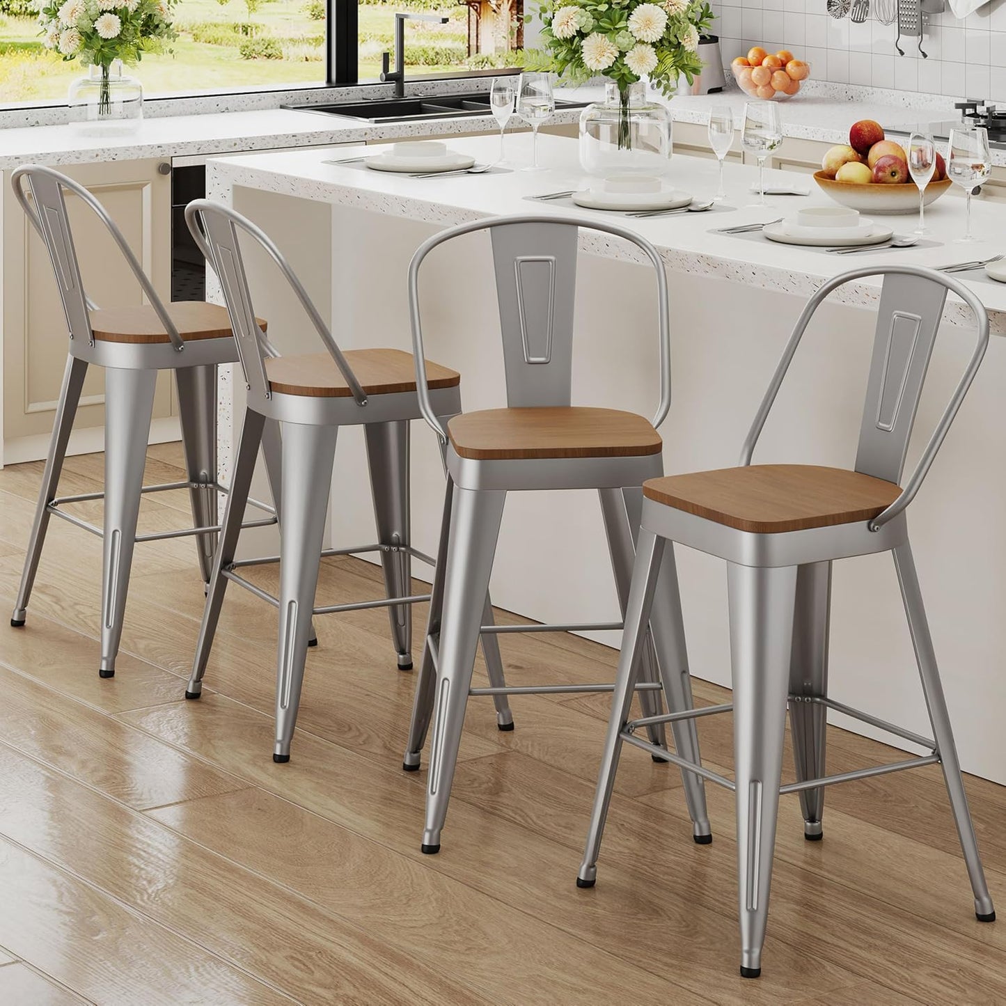 Andeworld Metal Bar Stools Set of 4, 24 inch Counter Height Barstools with Backs Farmhouse Modern High Back Bar Stools with Larger Seat Kitchen Dining Bar Chairs,Matte Black