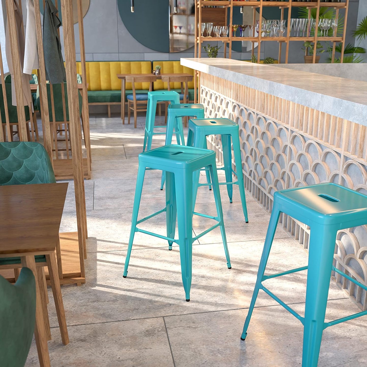 EMMA + OLIVER Commercial Grade 30" H Backless White Metal Indoor-Outdoor Barstool, Square