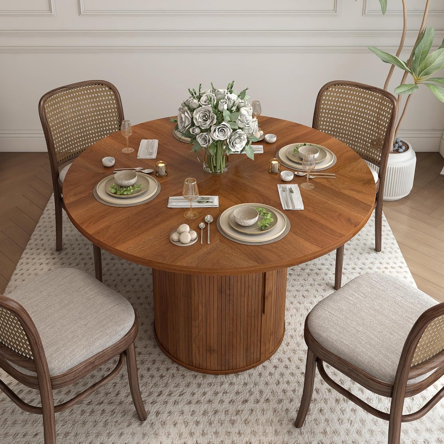 47 inch Round Dining Table for 4, Kitchen Table Dinner Table with 2-Layer Storage Shelf and Wood Slide Door for Home Dining Room Living Room (Walnut)