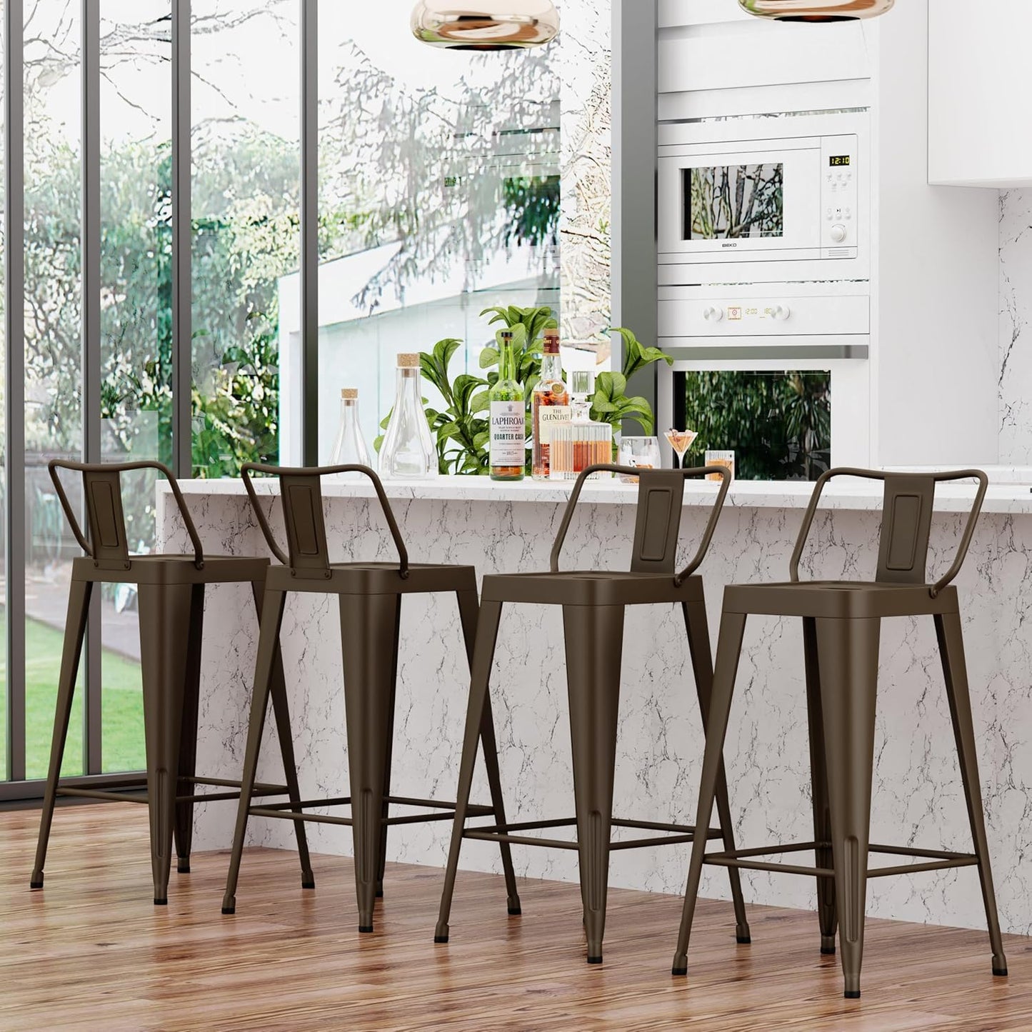 Metal Bar Stools Set of 4 Barstools Indoor/Outdoor Counter Height Bar Stools Bar Chairswith Back Counter Height for Kitchen Island Dining Room (Black, 26inch)