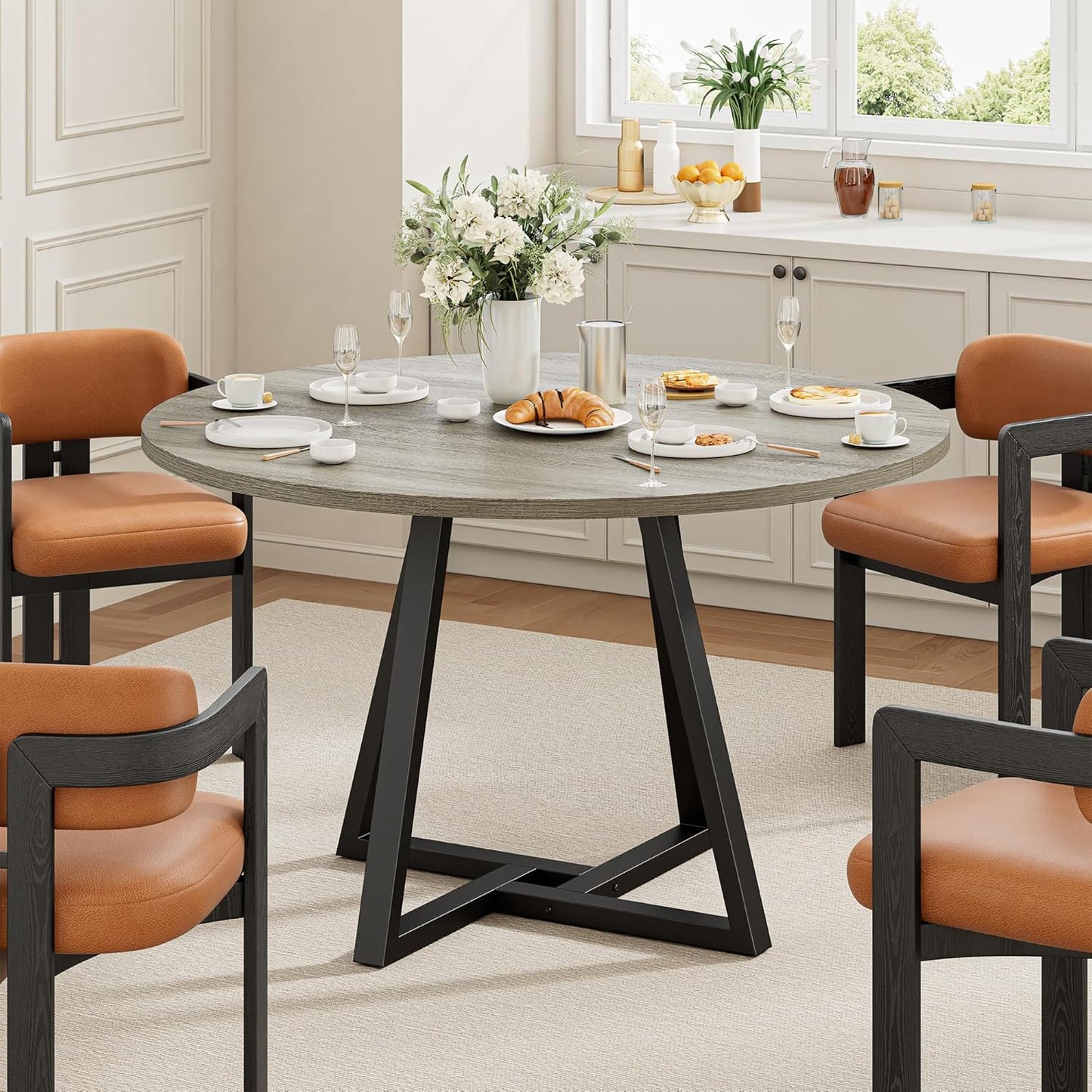 IRONCK 51" Round Dining Table for 6, Wood Kitchen Table with Metal Base, Space Saving Industrial Circle Dinner Table for Kitchen Dining Room, Gray